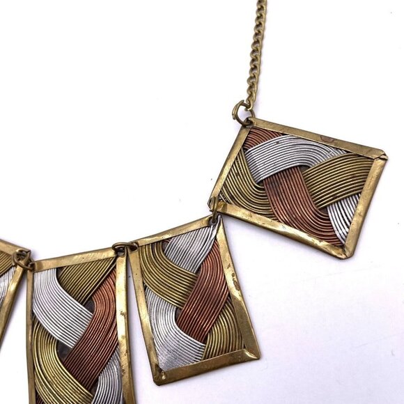 Three Tone Weaved Wire Accents Rectangle Brass Pendants Chain Necklace 22" - Picture 3 of 5